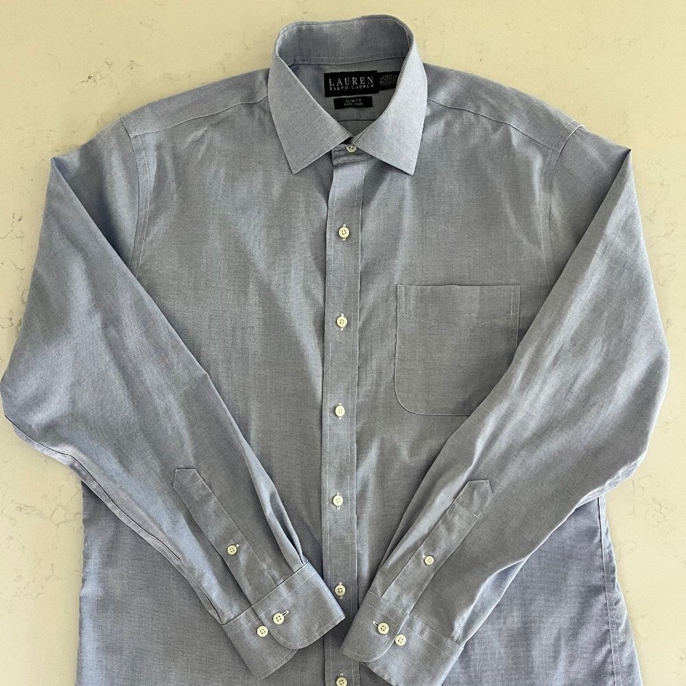 Lauren Ralph Lauren Lg Slv Button Down Slim Fit Cotton Shirt Blue Sz 16 1/2 NWOT